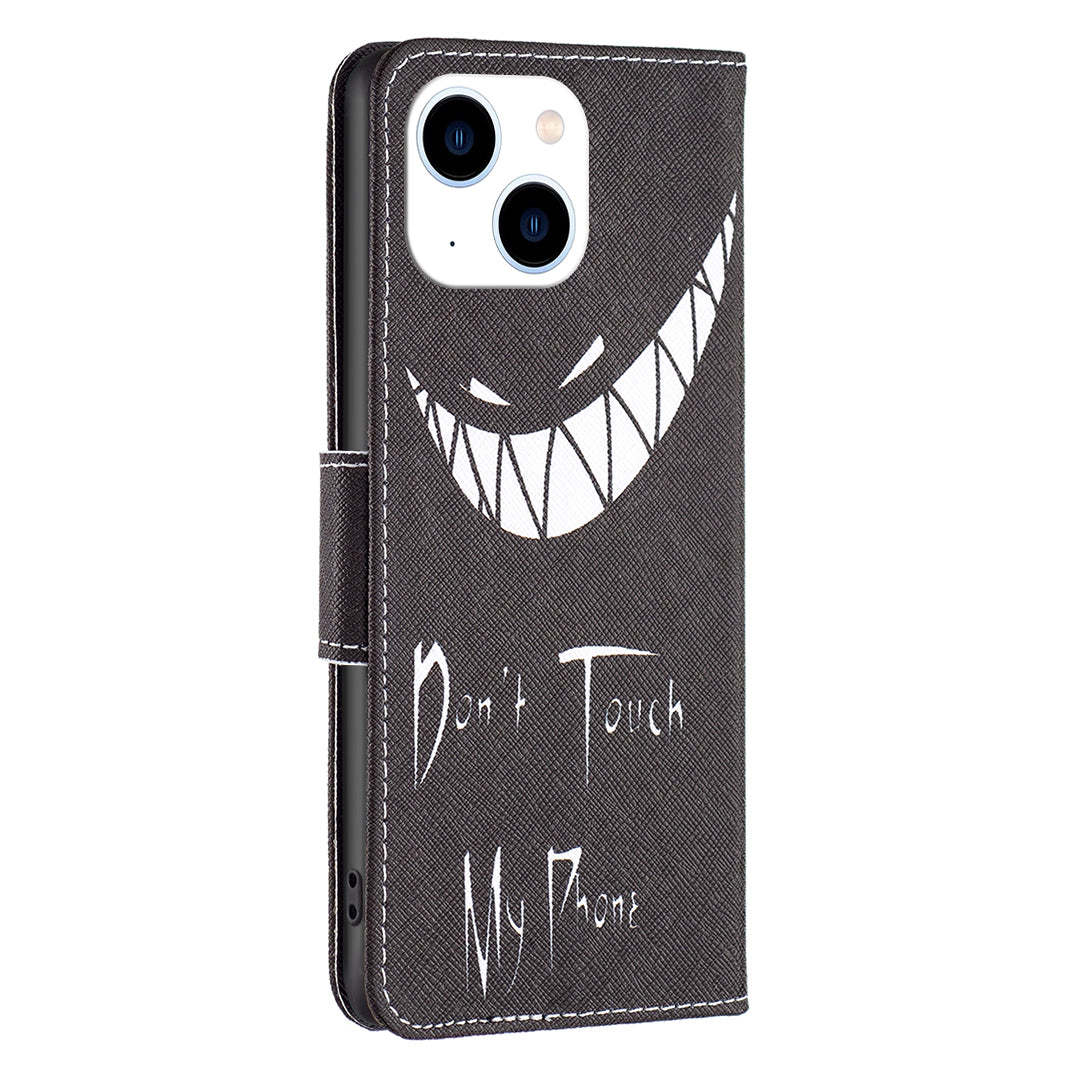 Stand Wallet Phone Case for iPhone 15 , Pattern Printing PU Leather + TPU Phone Cover - Don't Touch My Phone Stand Wallet Phone Case for iPhone 15 , Pattern Printing PU Leather + TPU Phone Cover - Don't Touch My Phone
